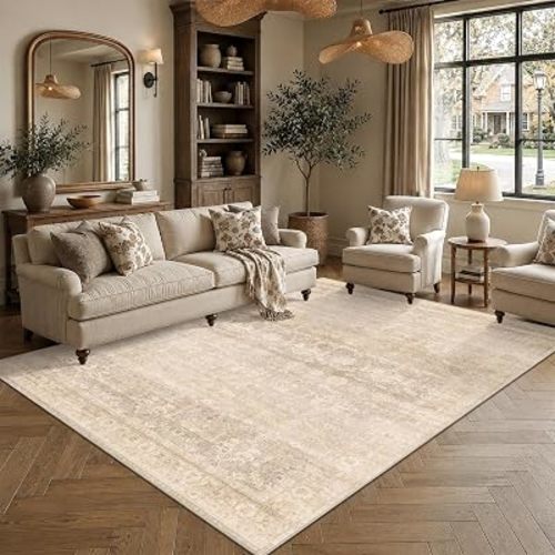 Bedroom Washable 5x7 Area Rug Soft Vintage Throw Carpet Neutral Beige