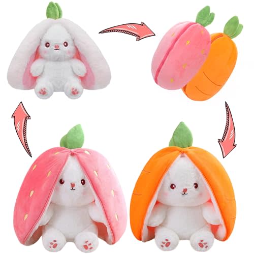 MIAODAM Cuddly Bunny Stuffed Animal, Kawaii Squishy Cute Easter Bunny Plush Turn Into Rabbit Fruit Doll Carrot Strawberry Pillow, Plushies Funny Bunny Toy for Baby