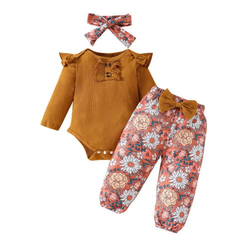 Odeerbi Baby Girls Clothes Infant Ruffle Long Sleeve Floral Print Bodysuit 3PCS Baby Layette Set