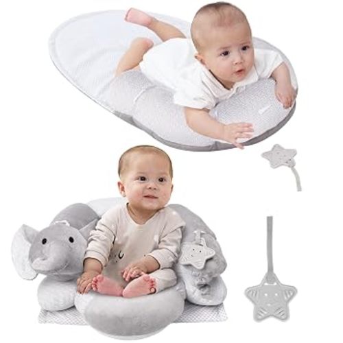 Lovvie & Joy 2-in-1 Tummy Time Mat & Seated Support Pillow,Baby Tummy Time Pillow Support for Newborns and Older Babies,with Detachable Support Pillow and Toys Elephant
