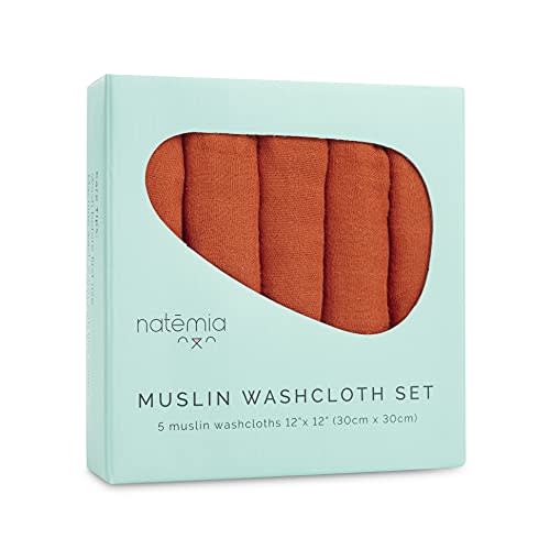 Natemia Muslin Baby Washcloths for Newborn - Premium Wash Cloths for Babies, Super Absorbent and Ultra Soft Rayon Made from Bamboo, 6 Layer Baby Girl and Baby Boy Washcloths, 5 Piece Set