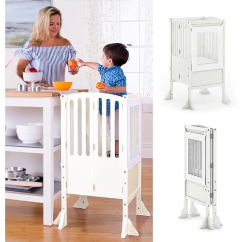 Guidecraft Contemporary Kitchen Helper® Stool with 2 Keepers- Ivory: Foldable, Adjustable Height, Wooden Step Stool Tower for Toddlers | Little Kids Safety Learning Furniture