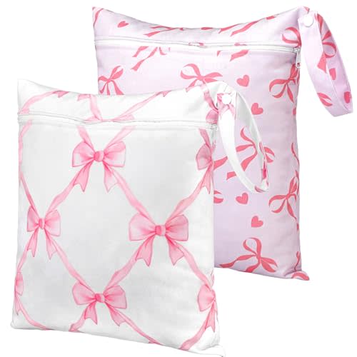 Sanwuta 2 Pack Wet Bags Resuable Waterproof Wet Dry Bag for Swimsuit Travel Beach Pool Bathing Diapers Dirty Yoga Gym Clothes Toiletries with Zippered Pockets(Pink Bow,Pink and White)