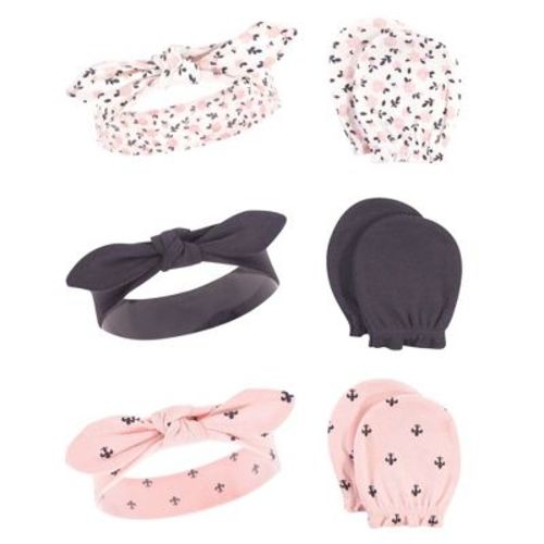 Hudson Baby Infant Girls Cotton Headband and Scratch Mitten 6pc Set, Berry Floral, 0-6 Months