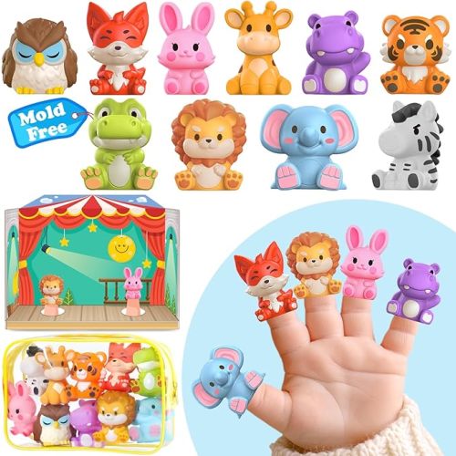 Oriate Zoo Animals Finger Puppets, 10PCS Infant Jungle Animals Finger Bath Pool Toys, Puppet Theater Storage Bags incl, 12m+ Toddler Travel Toys Valentines Gifts Easter Eggs Basket Stuffers