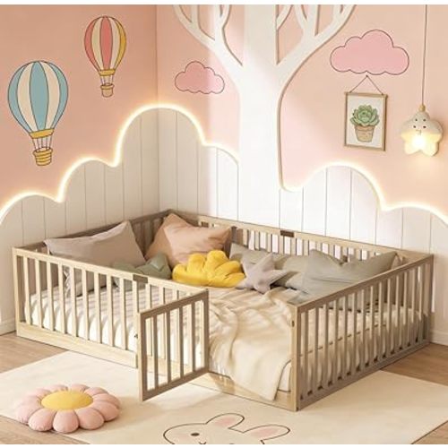 Bellemave Full Size Montessori Floor Bed with 21.5" High Rails, Rubber Wood Full Floor Bed with Slats and Door, Natural