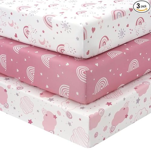 Baby Mini Crib Sheets Girl, Portable 38”x26” Pack and Play Sheets Fitted for Playard and Pack N Play Mattress, 3-Pack Soft Microfiber Pink Rainbow