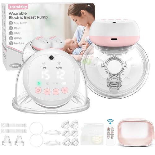 Totmizby Hands Free Wearable Breast Pump - 12 Levels & 3 Modes Electric Breast Pump with Remote Control, 140 Soft Silicone Cups, 1200mAh Rechargeable Battery (2 Pack, Pink)