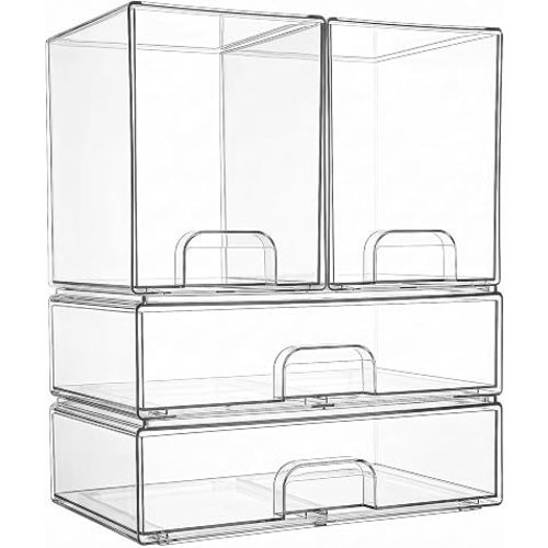 Clear Stackable Storage Drawers: Baby Bottle Storage Organizer, Acrylic Bottles Station Organizer Container for Countertop, Vanity, Bathroom, Cabinet Organization - 4 Pack