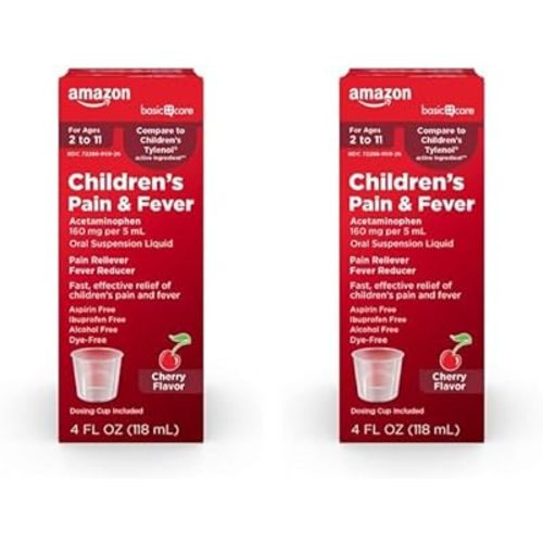Amazon Basic Care Children's Pain Reliever & Fever Reducer, Acetaminophen 160 mg per 5 mL Oral Suspension Liquid, Dye-Free Cherry Flavor, 4 fl oz (Pack of 2)