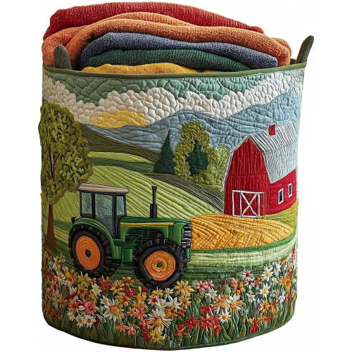 Quilted Laundry Basket Boho Fabric Floral Storage Hamper for Nursery Bedroom Laundry Room Clothes Toys (Farm)