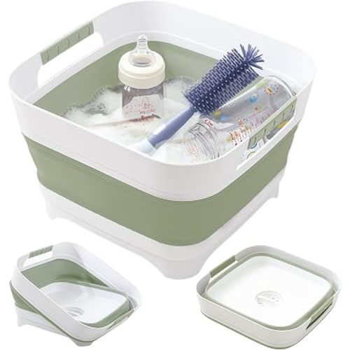 Collapsible Wash Basin for Baby Bottles - 2.4 Gallons Portable Wash Bin for RV Camping Sink, Space-Saving Dish Tub.Laundry & Utility Room Sinks (Green)