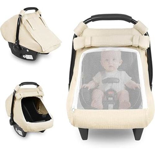 Car Seat Cover Baby, Summer Carseat Covers for Babies Girls Boys Breathable Muslin Cotton HNHUAMING Infant Car Seat Canopy with Large Mesh Window, Cozy & Windproof Newborn Stroller Cover, Apricot