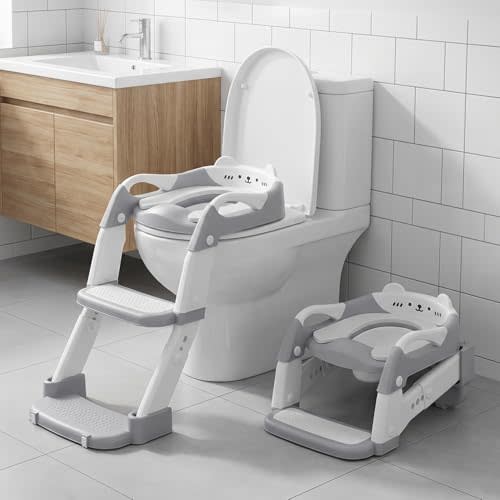 Snugzy Potty Training Seat 3-in-1 Toddler Foldable Potty Training Toilet with Step Stool Adjustable Potty Chair with Urinals (Grey)