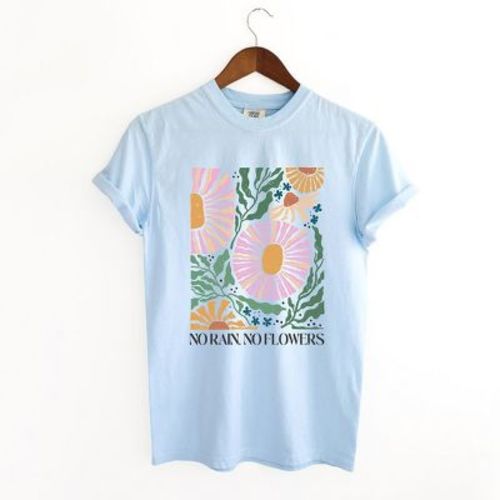 Simply Sage Market Women's Boho No Rain No Flowers Short Sleeve Garment Dyed Tee - M - Chambray