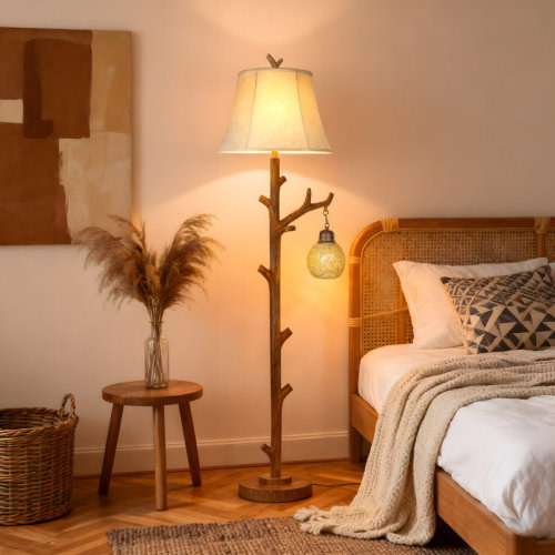 Latitude Run® 62" Rustic Farmhouse Tree Trunk Floor Lamp With Woven Night Light,4-Way Rotary Switch For Living Room Bedroom Study, Bulbs Included & Reviews | Wayfair