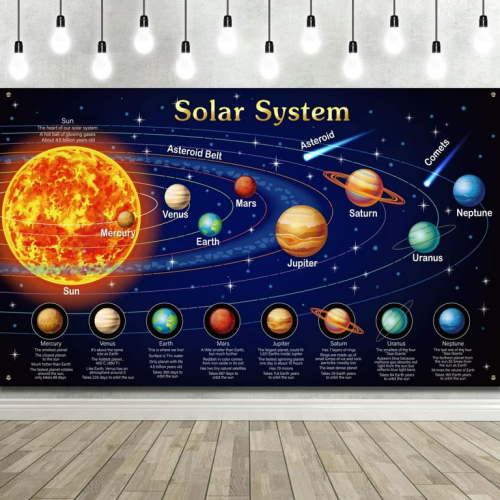 Solar System Poster Large Educational Planets Backdrop Space Themed Chart Banner for Kids Back School Supplies Wall Decor Tapestry Birthday Party Decorations, 70.8x43.3 Inch