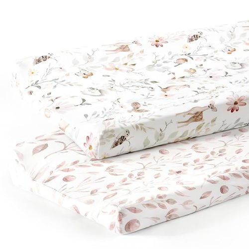 GRSSDER Stretch Ultra Soft Jersey Knit Changing Pad Cover Set 2 Pack, Change Table Pad Covers Fit 32"/34" x 16" Pads Safe and Snug, Beautiful Blush Pink Floral and Cute Animals Print for Girls