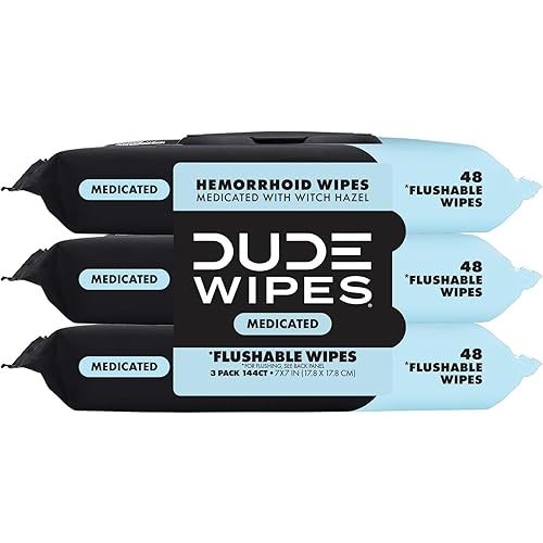 DUDE Wipes Medicated Hemorrhoid Flushable Wipes, Witch Hazel, 144 Count