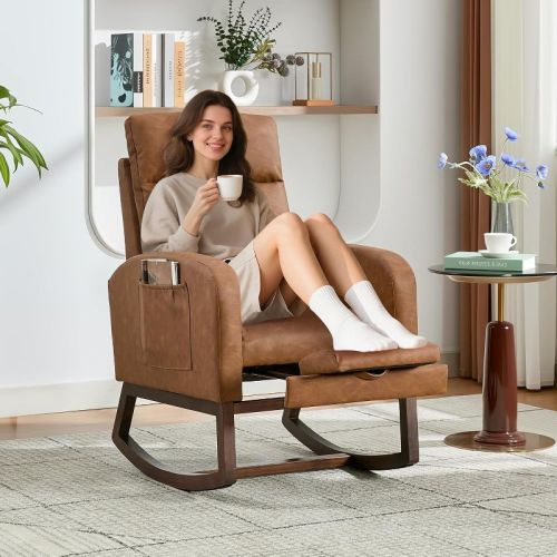 Nursery Rocking Chair, PU Upholstered Rocking Chair with Adjustable Footrest, Tufted Rocker Chair with Side Pocket, Glider Rocker Brown