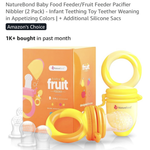 NatureBond Baby Food Feeder/Fruit Feeder Pacifier Nibbler (2 Pack) - Infant Teething Toy Teether Weaning in Appetizing Colors | + Additional Silicone Sacs