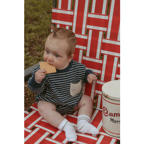 Harley Pocket Romper in Thin Deep Blue Stripe – Winnie + Crew