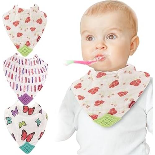 Nuby Reversible 100% Natural Cotton Muslin 3 Piece Teething Bib, Pink, Aqua, Purple, Flower, Butterfly, Stripes, Girl, 3 Count