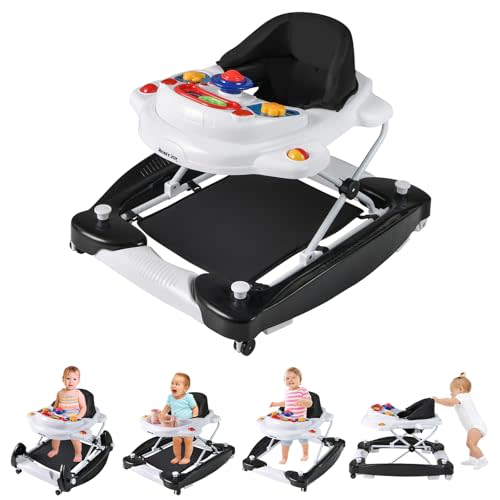 HONEY JOY Baby Walker, 6-in-1 Foldable Baby Walker and Bouncer Combo, Infant Activity Walker with Wheels, Adjustable Heights, Rocker, Music, Lights, Walker for Baby Boy Girl 7-14 Months (Black)