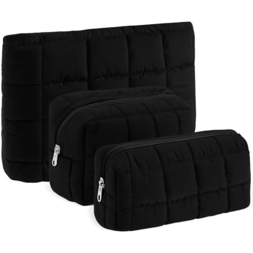 3Pcs Quilted Makeup Bag for Women Puffy Cosmetic Bags Cute Checkered Travel Toiletry Bag Puffer Makeup Pouch for Purse Pencil Case Zipper Puffer Skincare Brushes Storage Organizer(Black)