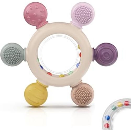 akolik Teething Toys for Babies, Baby Teethers Toy Teething Ring Silicone, Grasping Teething Toy, BPA Free Teething Newborn Accessories for Baby 0 3 6 9 12 18 Months (Ringer Pink)