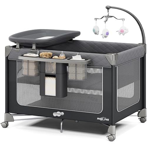 Pamo Babe Pack and Play with Bassinet Magic Fold Playard 1 Step Set Foldable Playpen Baby Playard with Changing Table Portable Playpen Grey