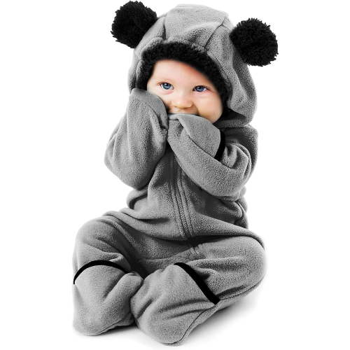 Cuddle Club One Piece Romper Hooded Fleece Onesie Jumper for Baby, Gray Bear 3-6 Mos