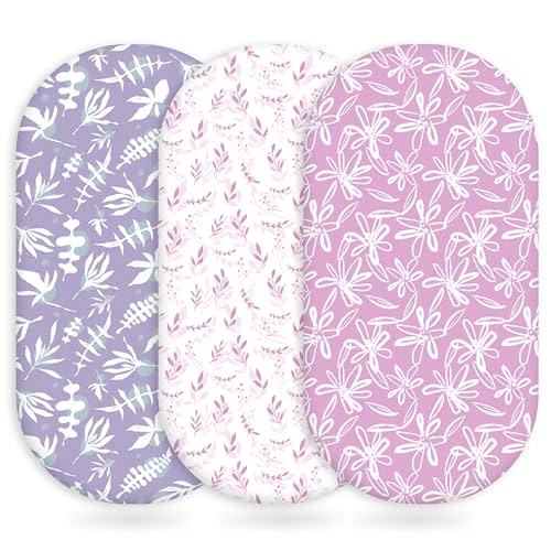 Unnivoll Baby Bassinet Sheets Girl Boy, Fitted Bassinet Sheet Set 3 Pack Bassinet Mattress Sheets Universal Fit for Rectangle, Round, Oval, Hourglass Mattress, Soft Breathable Purple Leaf