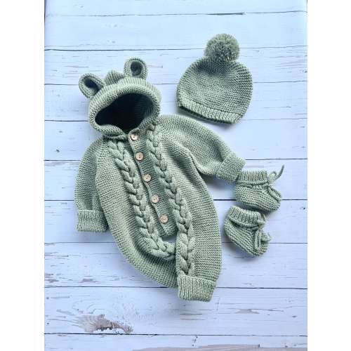3 piece Hand Knitted Baby Romper, Newborn Baby Clothes, Handmade Baby Gift, Baby Winter Outfit, Unisex Handmade Knit Baby Jumpsuit
