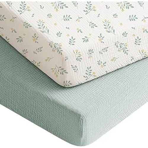 Konssy Muslin Crib Sheets for Boys, Soft Cotton Neutral Baby Sheets for Standard Crib Mattress 2 Pack, 52"x28" (Leaf,Green)