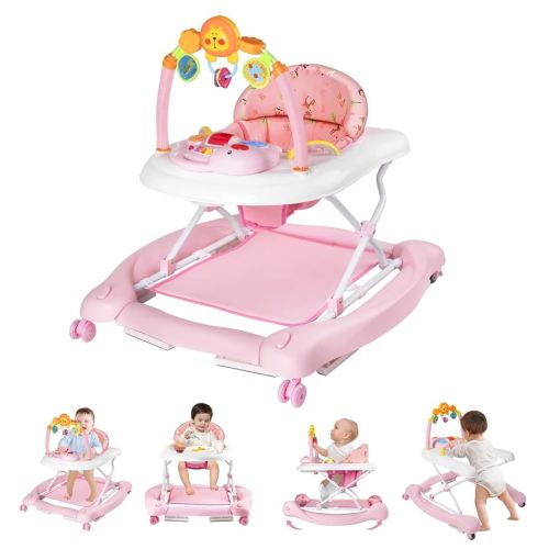 Baby Walker with Wheels, 5 in 1 Baby Walkers for Boys Girls 6-12 Months, Foldable Walker Baby with Bouncer & Feeding Tray, Music, Adjustable Heights
