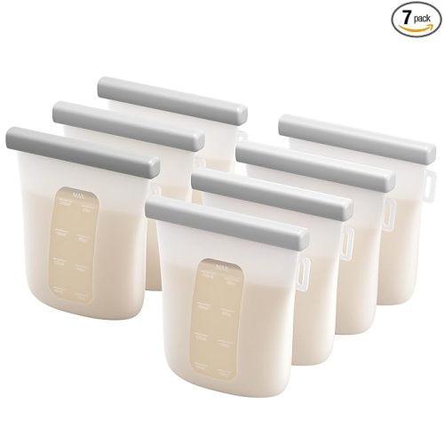 Nuliie 7 Pcs Silicone Breastmilk Storage Bags Reusable, 8oz/240ml Double Leak-Proof Breastmilk Freezer Bags, BPA Free Self-Standing Milk Bags for Breastfeeding, Baby Food Pouches