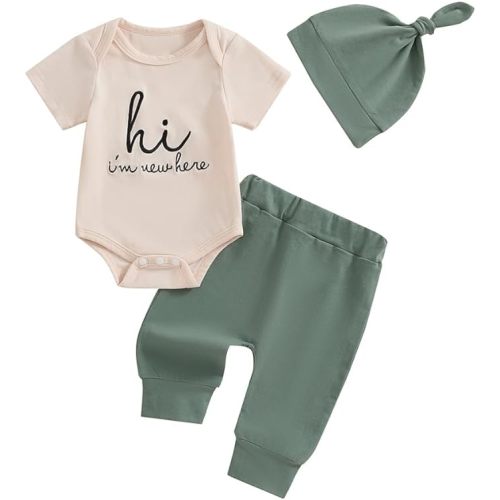 Twopumpkin Newborn Baby Boy Girl Clothes Outfits Short Sleeve Romper Bodysuit Cotton Pants and Hat Coming Home Outfit
