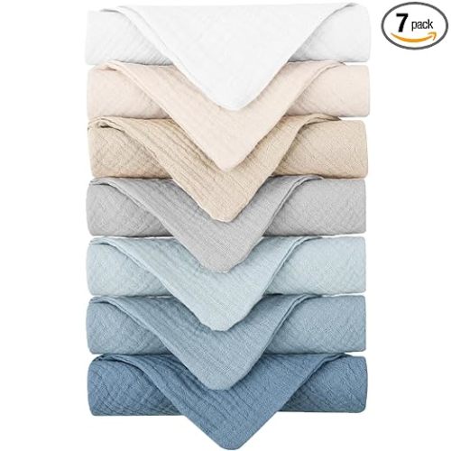 Konssy Baby Muslin Washcloths 7-Pack, 100% Cotton Baby Bath Washcloths, Soft & Absorbent Wash Cloths and Burp Cloths for Newborn Kids Girls & Boys, 11x11 inches