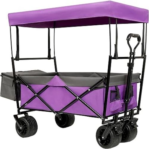 480Lbs Collapsible Wagon with Canopy, Lightweight Foldable Wagon, Large Capacity with Mosquito Net for Camping, Shopping, Sports, and Garden Use, Purple