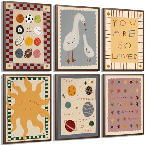 Pyvrah Set of 6 Unframed Art Prints, Boho Kids Room Wall Art, Cute Sports Goose Sun Planet Star Wall Decor, Minimalist Nursery Posters for Baby Bedroom Playroom, 8x10 Inch