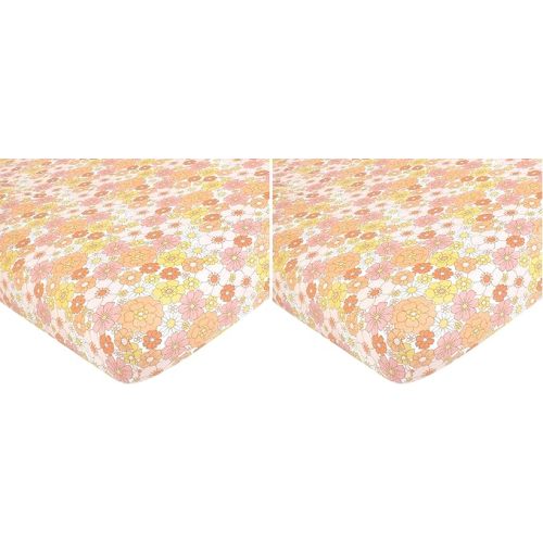 Hudson Baby Unisex Baby Cotton Fitted Crib Sheet, Peace Love Flowers, One Size (Pack of 2)