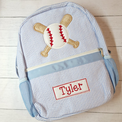 Personalized Seersucker Backpack: Baseball Diaper Bag, Boy Birthday Gift