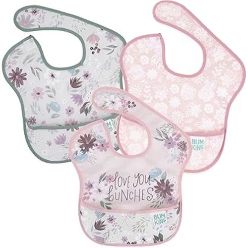 Bumkins Bibs for Girl or Boy, SuperBib Baby and Toddler for 6-24 Months, Essential Must Have for Eating, Feeding, Baby Led Weaning Supplies, Mess Saving Catch Food, Fabric 3-pk Floral and Lace