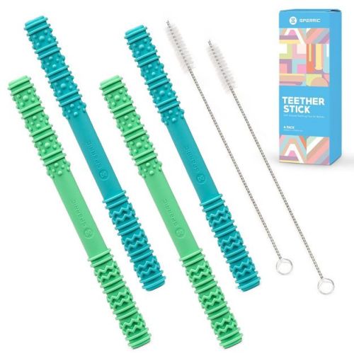Sperric Baby Hollow Teething Tubes - Soft Silicone Teether Sticks for Infant | BPA Free Teething Straws with Cleaning Brushes (Blue)