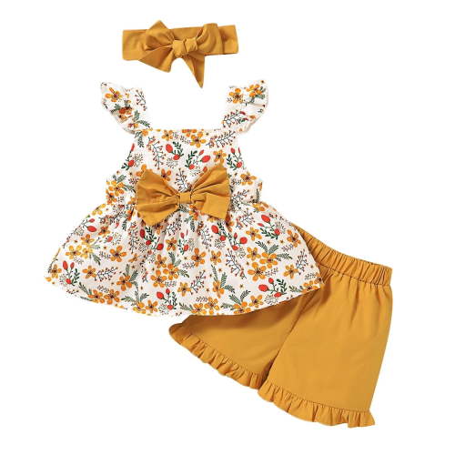 2T Baby Girls Clothes 3T Toddler Girls Summer Outfits Sleeveless Suspender Floral Top Yellow Shorts Headband 3PCS Set