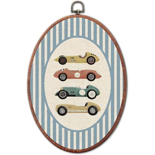 Vintage Four Classic Car Nursery Oval Wall Art Framed, Blue Striped Watercolor Vehicles Canvas Prints, Unique Car Decoration Hanging Wall Decor for Kids Toddler Room Bedroom Playroom, 8.6x11.4 Inch
