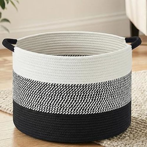 40L Large Cotton Rope Basket, Decorative Woven Blanket Storage for Living Room, Boho Toy Storage & Toy Box for Kids, Versatile Laundry Basket & Nursery Hamper for Blankets(Black)