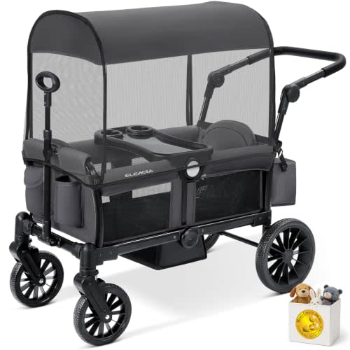 ELEMARA Foldable Wagon Stroller, Stroller Wagon for 2 Kids, Premium All Terrain Wagon for Kids with Removable Canopy, Adjustable Push/Pull Handle, Harnesses, Large Storage Bag, Gray