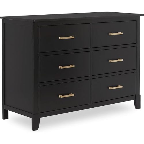 Dream On Me Cleo 6 Drawer Double Dresser for Nursery, Black/Gold | Solid New Zealand pinewood with a non-toxic water-based finish, roomy drawers on smooth Euro glides for the kids bedroom